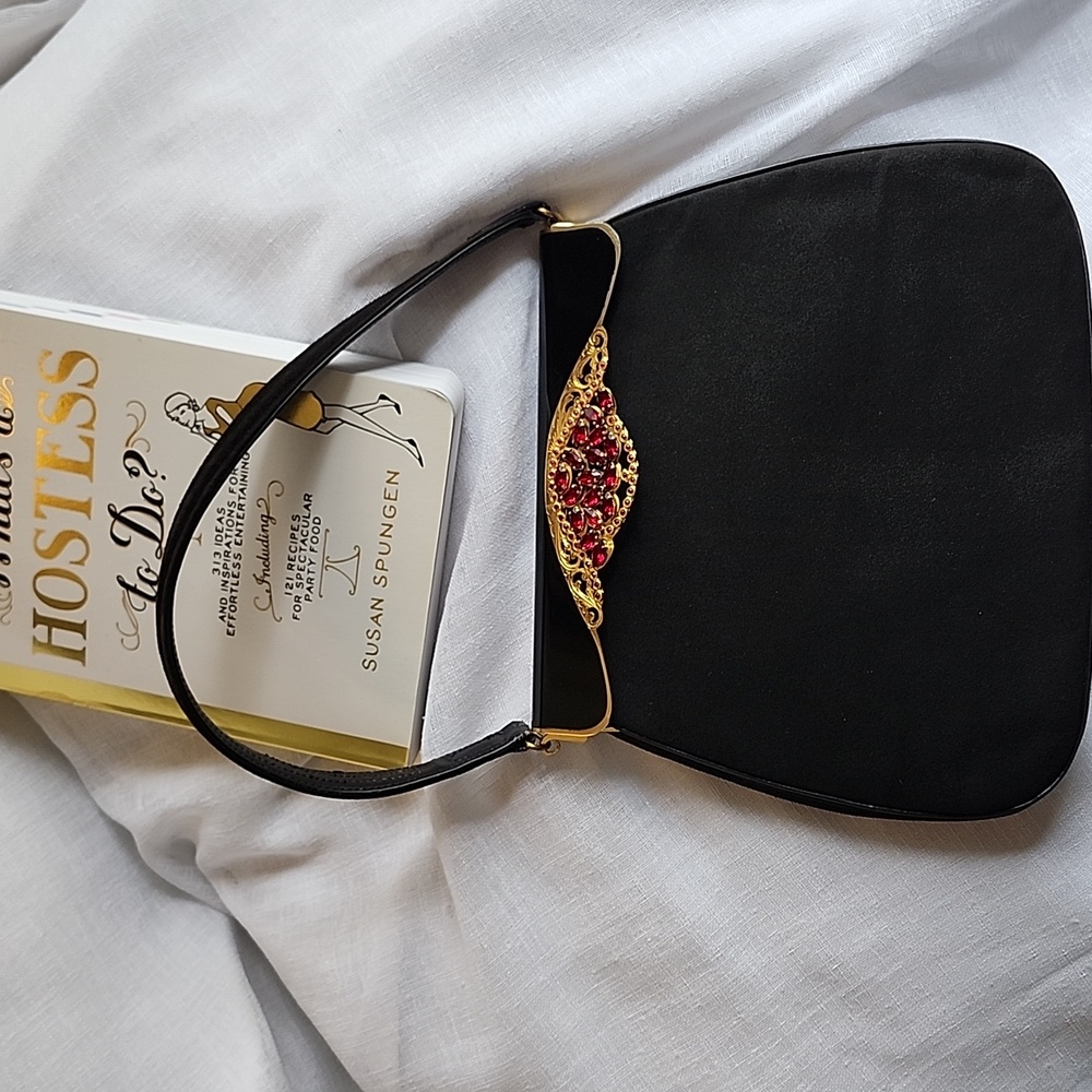 Vintage Plymouth of England Stunning Black Suede, Gold & Red Stones Bag, $300